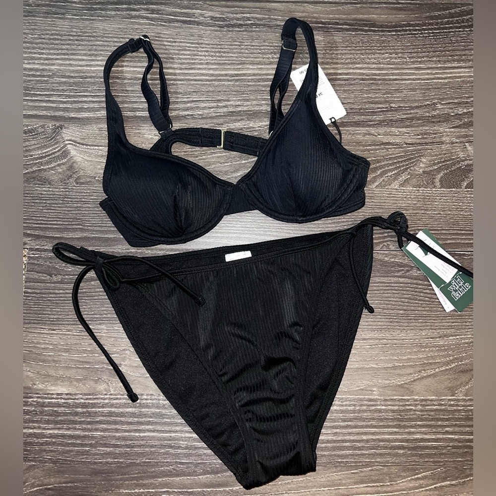 wild fable Black Ribbed Tie-Side Bikini Set